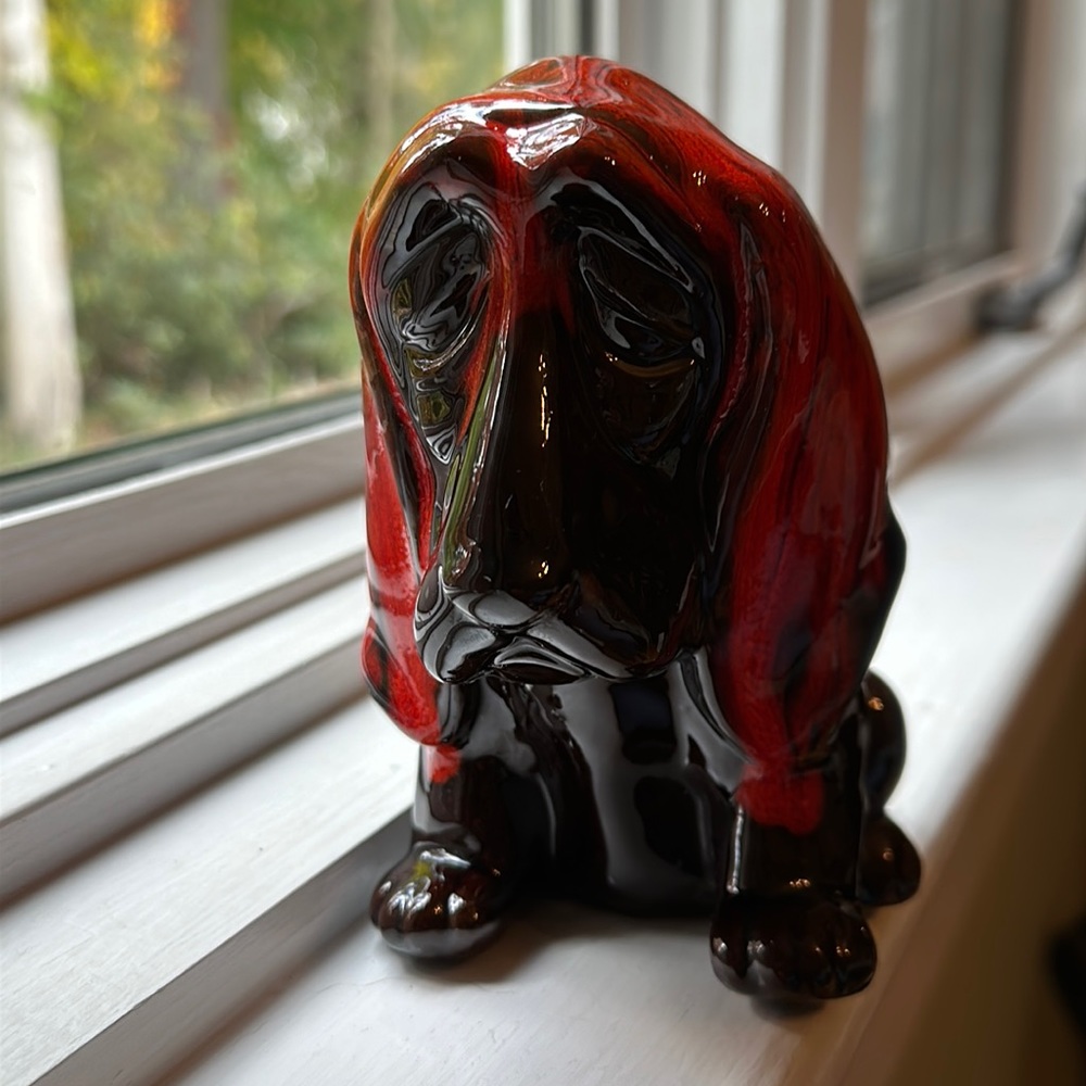 Vintage Canuck Pottery hound dog with Red Drip Glaze Coin Bank, Evangeline Ware